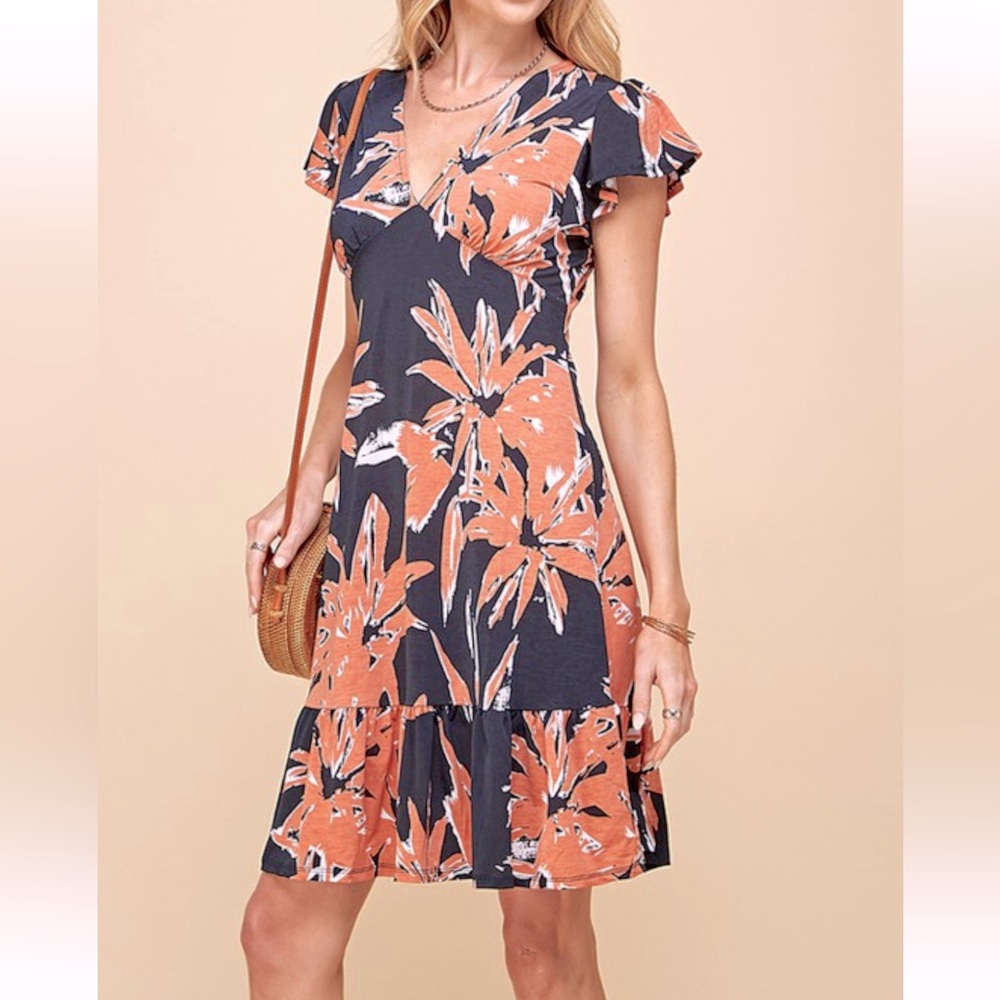 WOMEN FLORAL PRINT V NECK SPRING DRESS WITH RUFFLE